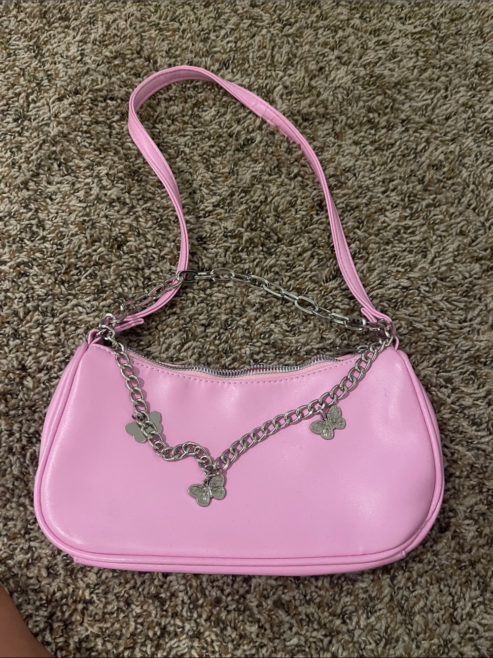 Pink Shoulder Bag with Silver Butterfly Chain
